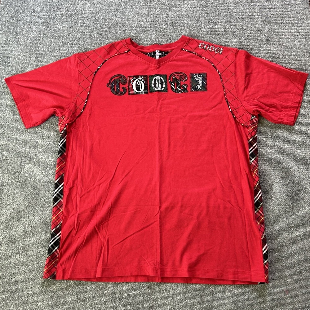Coogi Shirt Men XXXL Red Plaid Patch Embroidered Vintage Y2K T-shirt Baggy 90's